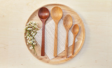 Wooden color wooden plate and spoon set