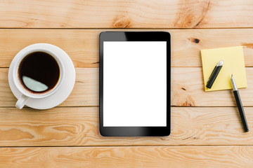 Aufkleber - tablet white display and coffee on wood workspace