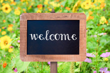 Welcome Written On A Vintage Wooden Frame Chalkboard, Flower In The Background