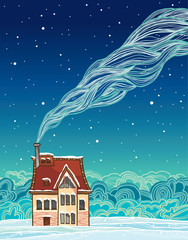 Canvas Print - Cartoon house and smoke. Winter.