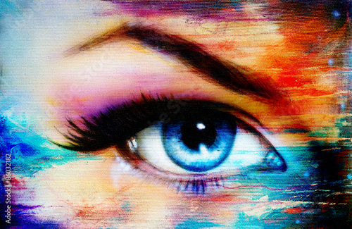 Fototapeta dla dzieci Blue woman eye with violet and pink day makeup. Color painting