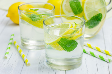 Homemade lemonade with fresh lemon and mint