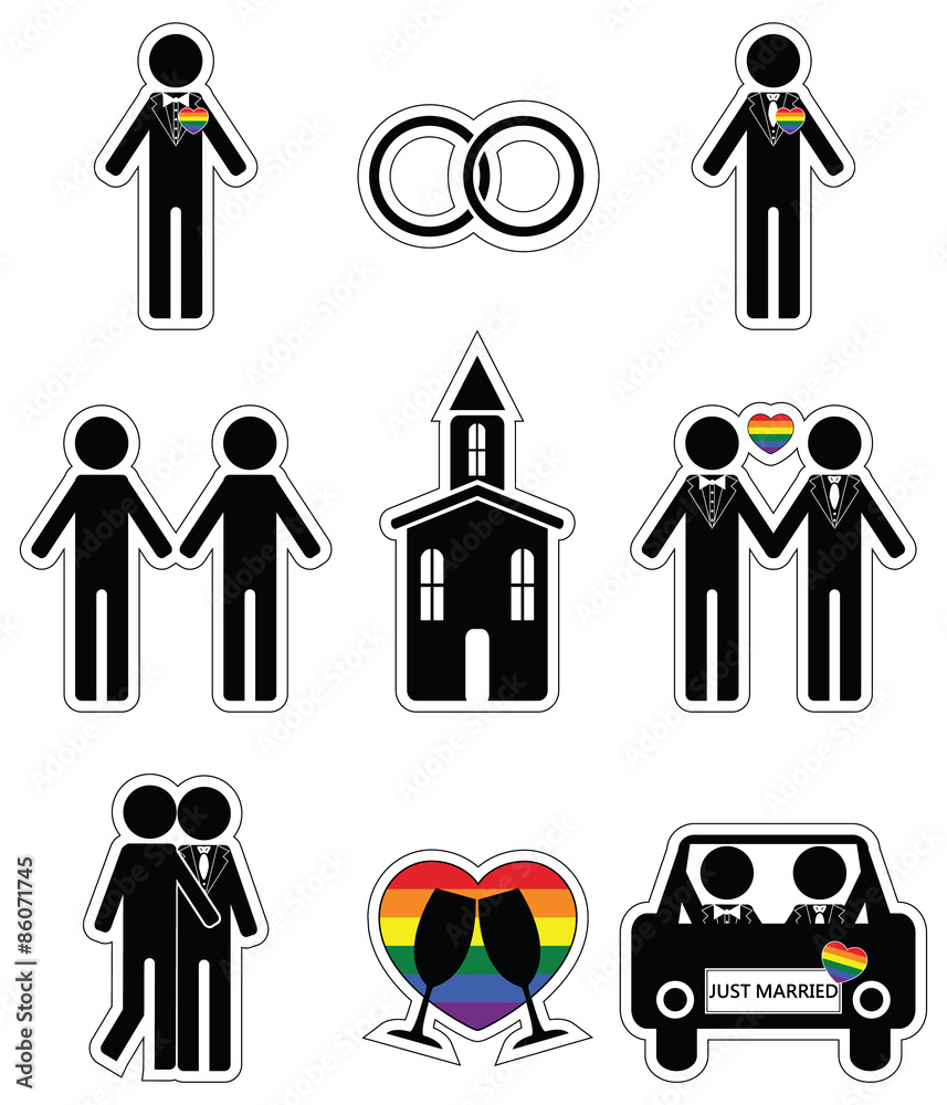 Gay man 2 wedding icon set in black and white with rainbow element ...