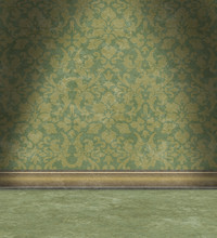 Empty Room With Faded Green Damask Wallpaper