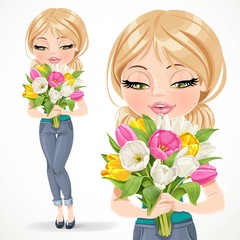 cute blond girl holding beautiful bouquet of pink, yellow, white