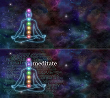 Chakra Meditation - Deep Space Background With The Outline Of A Man Meditation In Lotus Position With The Seven Rainbow Colored Chakras In The Body's Mid Line, Surrounded By A Meditation Word Cloud