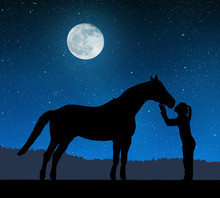 Silhouette Of A Girl Giving A Kiss Horse In Night. 