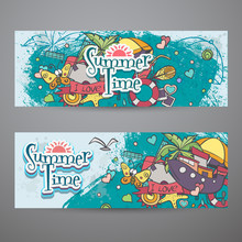 A Colored Set Of Horizontal Banners With Summer Doodles