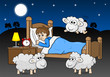 Schafe springen über das Bett eines schlaflosen Mannes 