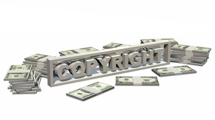 Copyright sign and Stacks of 100 dollars Bills isolated