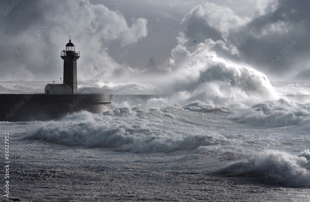 Storm waves over the Lighthouse, Portugal - enhanced sky - obrazy, fototapety, plakaty 