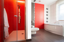 Red Tiles In Modern Toilet
