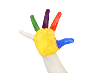 Colorful painted hand isolated on white.