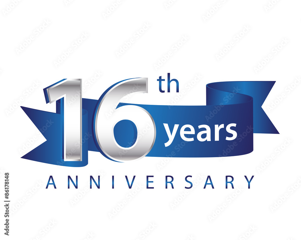 16 Years Anniversary Logo Blue Ribbon - obrazy, fototapety, plakaty 
