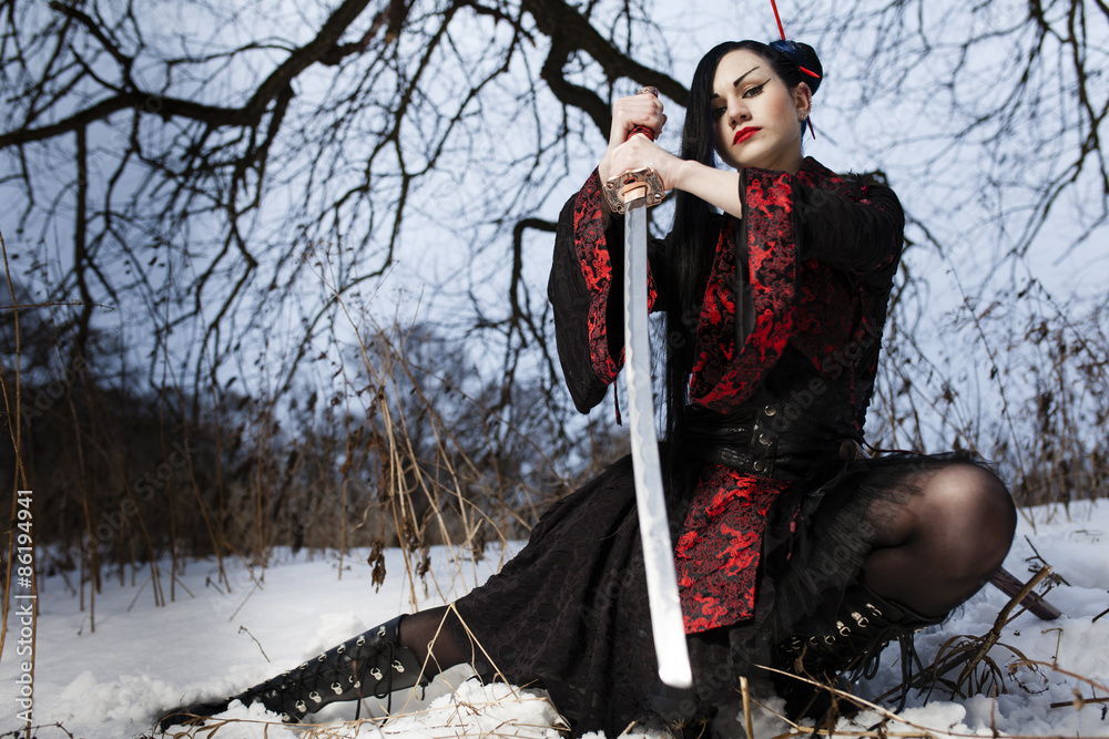 beautiful young girl in a suit of samurai on the frozen river Stock ...