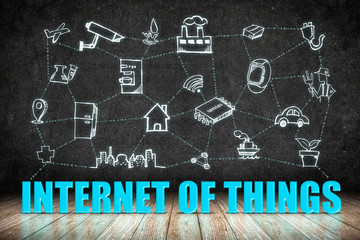 Poster - Internet of Things (IoT) word on wood floor with doodle icon on