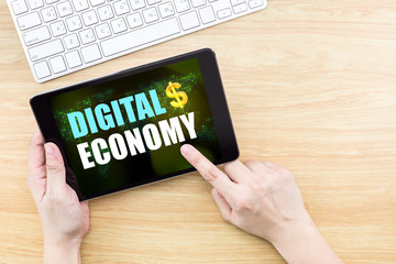 Poster - Finger click screen with Digiral Economy word with keyboard on w