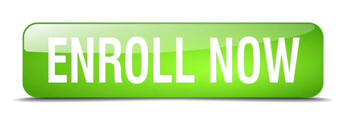 enroll now green square 3d realistic isolated web button