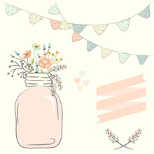 Cute Bouquet Of Wedding Flowers In A Glass Jar. Vector Illustration