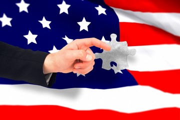 Poster - Composite image of hand of businessman in suit pointing