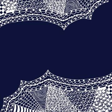 white zentangle hand drawn ornament on blue backdrop vector illustration