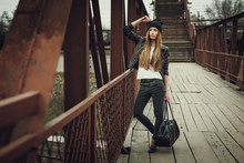 Outdoor Fashion Lifestyle Portrait Of Pretty Young Girl, Wearing In Hipster Swag Grunge Style Urban Background. Retro Vintage Toned Image, Film Simulation.