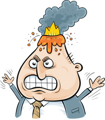 A furious cartoon businessman who is so angry a volcano erupts from his head spouting smoke and lava.