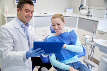 Poster - male dentist with tablet pc and woman patient