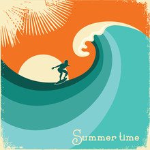 Surfer And Sea Wave.Retro Poster Illustration