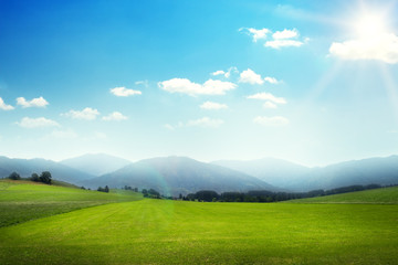 landscape of green meadow with hills