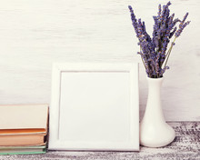 White Empty Frame With Place For Text And Lavender Flowers.