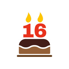 The birthday cake with candles in the form of number 16 icon. Birthday symbol. Flat