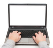 Hands on a laptop computer with blank screen isolated on white background