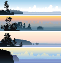 Wilderness Landscape Banner Illustrations Of Northern Lakes And Forests In Silhouette.
