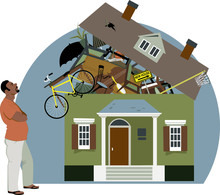 Distressed Black Man Looking At A House Bursting With Stuff, Vector Illustration, EPS 8