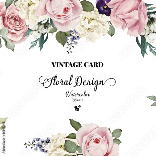 Fotografie, Obraz Greeting card with roses, watercolor, can be used as invitation