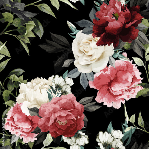 Fototapeta na wymiar Seamless floral pattern with roses, watercolor. Vector illustrat