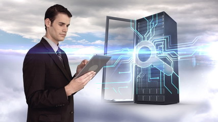 Wall Mural - Businessman using tablet computer in front of server tower on sk