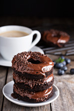Chocolate Donuts With Coffee And Blueberries