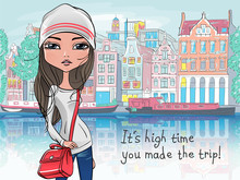 Vector beautiful fashion girl in Amsterdam