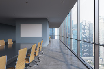 Wall Mural - Panoramic conference room in modern office in Singapore. Brown chairs and a black table. 3D rendering.