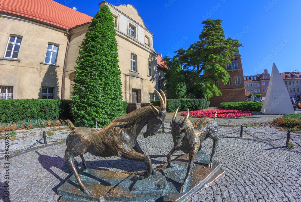 Obraz na płótnie Poznań- rzeźba na placu Kolegiackim przedstawiająca koziołki będące symbolem miasta w salonie