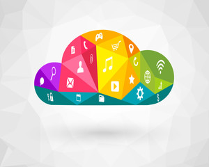 Poster - Colorful polygon cloud with icons. Cloud computing and multimedia concept.