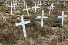 Multiple Simple White Crosses With No Names At An Overgrown New Mexico Mission Cemetery 