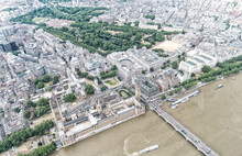 London. Helicopter View Of Westminster Palace And Bridge On A Be