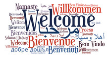 Welcome Phrase In Different Languages. Words Cloud Concept. Multilingual.