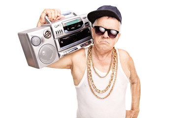 Poster - Serious senior rapper holding a ghetto blaster