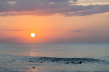 Surfing Sunrise Surfers Silhouetted Ocean Wave Landscape 