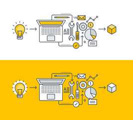 Poster - thin line flat design concept on the subject of product development, from idea to realization. conce
