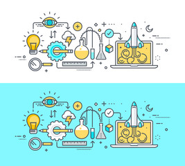 Poster - Thin line flat design concept on the theme of development process, from idea to launch the project. Concept for website banners and promotional materials.
